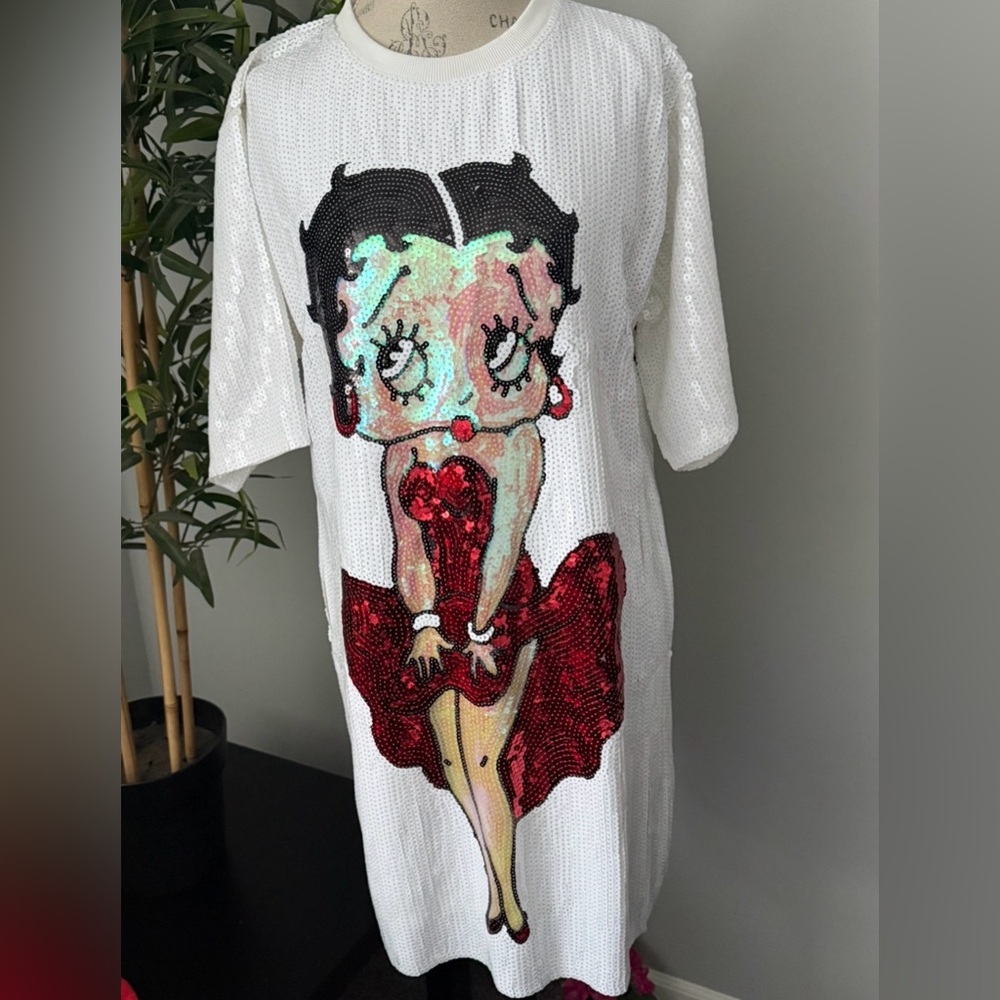 Betty Boop dress size large women sequin glitter new short sleeved shirt - Picture 2 of 3